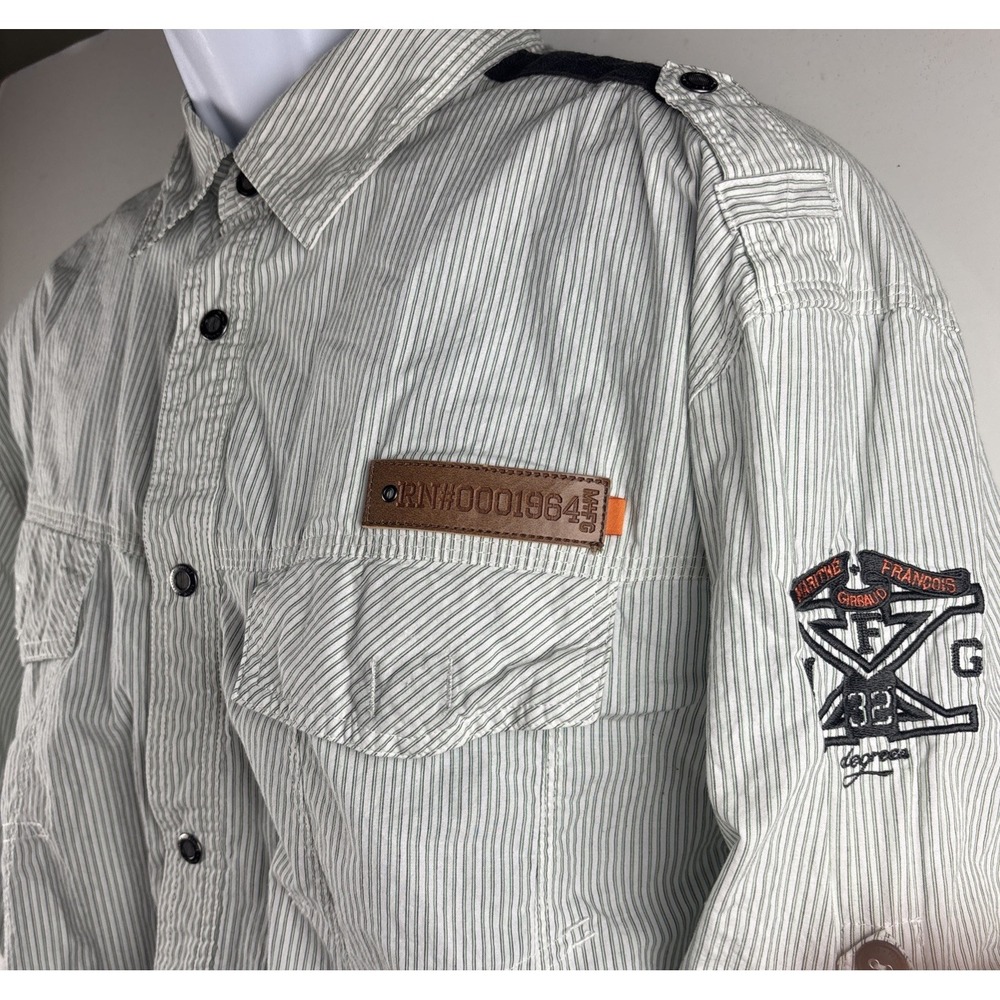 MARITHE FRANCOIS GIRBAUD Snap Shirt Mens XL Epaulet Roll Tab LS Pen Striped 48"